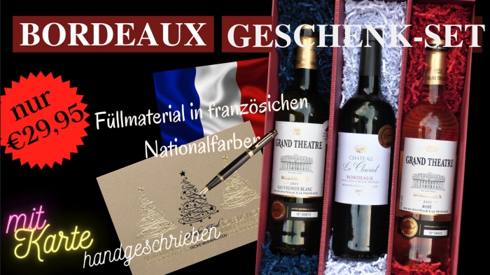 Wein Geschenk Set Selection Bordeaux, Rotwein, Weißwein , Rosewein mit handgeschriebener Weihnachtskarte