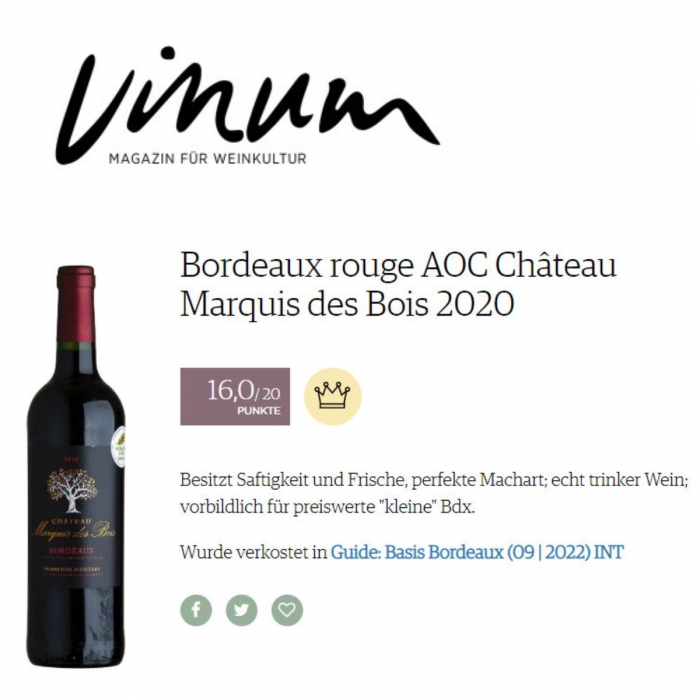 Bordeaux Wein Château Marquis des Bois 2020